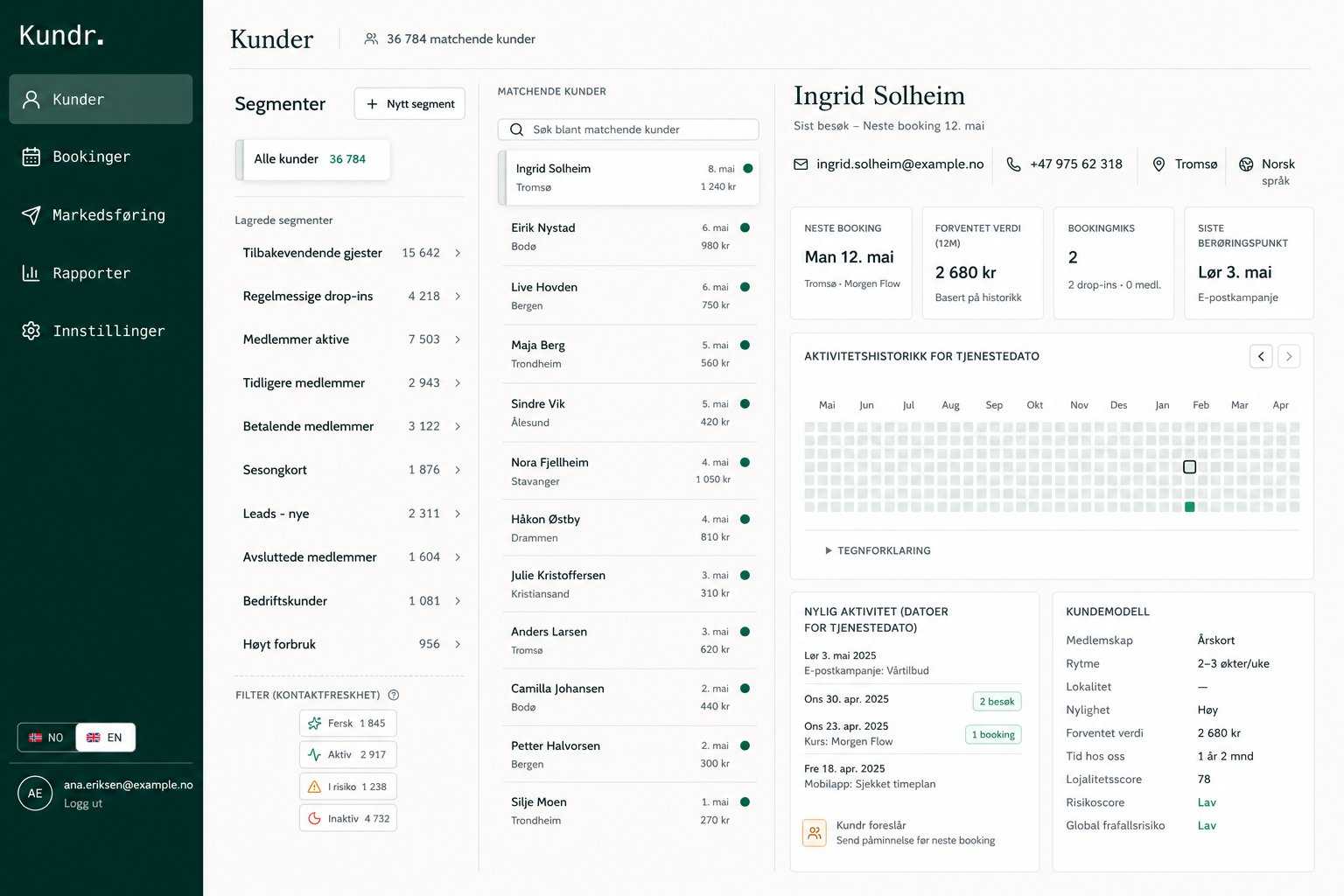 Kundr-appen: kundebildet med segmenter, kundeliste og aktivitetshistorikk